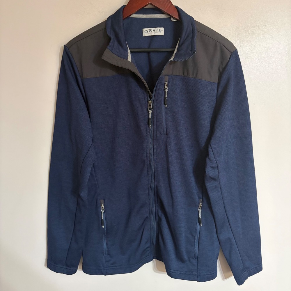Orvis Mens Full Zip Fleece Jacket Navy Blue Grey Shoulder Overlay Size Medium
